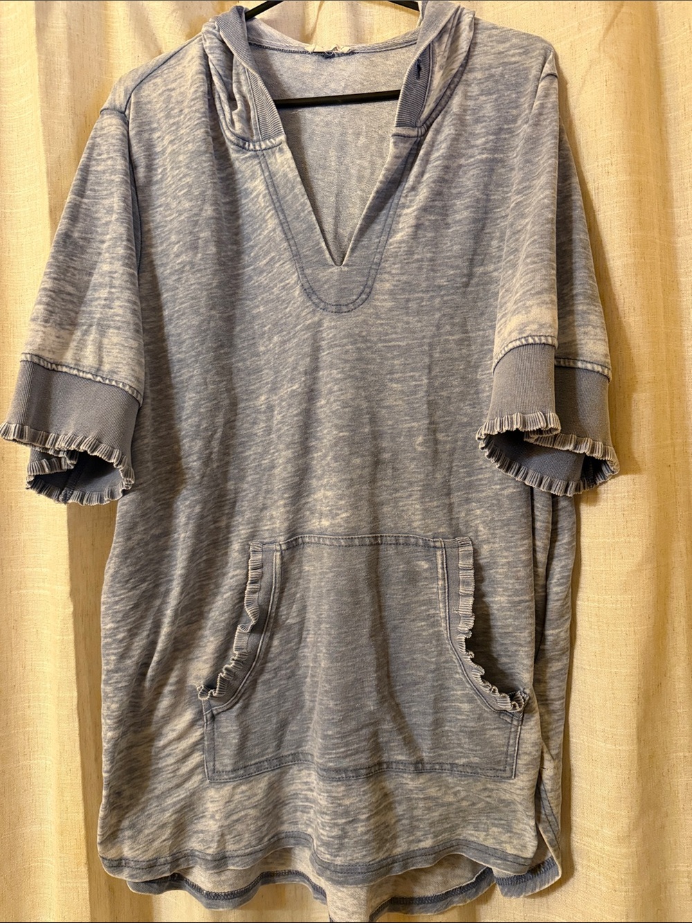 Mineral-Washed Blue Hooded Short-Sleeve Top with Flirty Ruffles